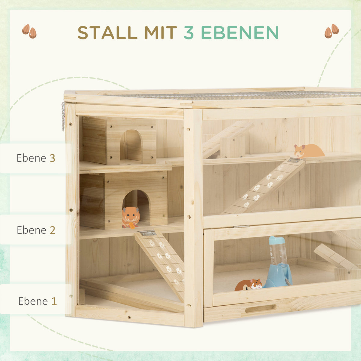 PawHut Kleintierkäfig, Nagerkäfig, Nagerheim mit  1 Rampe, 1 Wippe, herausnehmbare Bodenwanne, Tannenholz, Natur