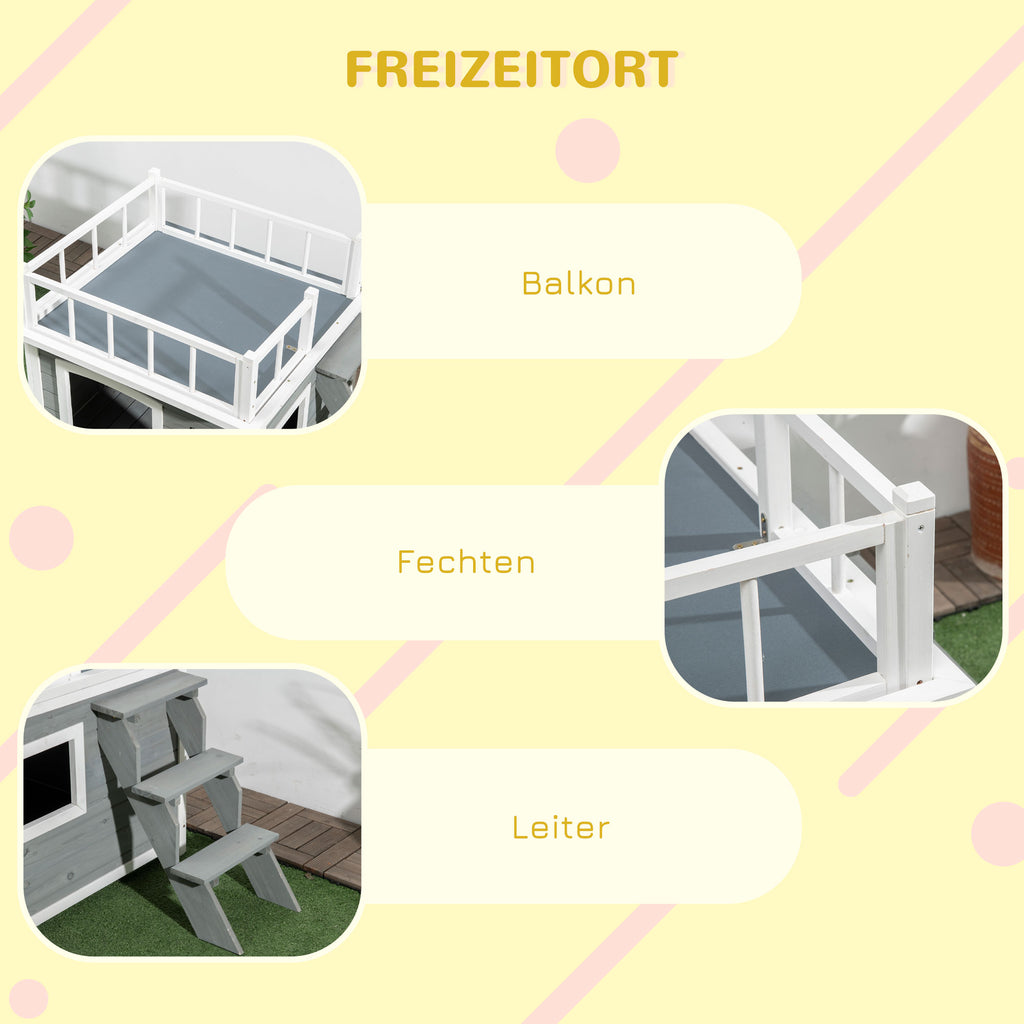 PawHut Hundehütte, Dachterrasse, Treppe, Fenster, Bodenabstand, Naturholz, hellgrau, 121 x 77 x 78cm