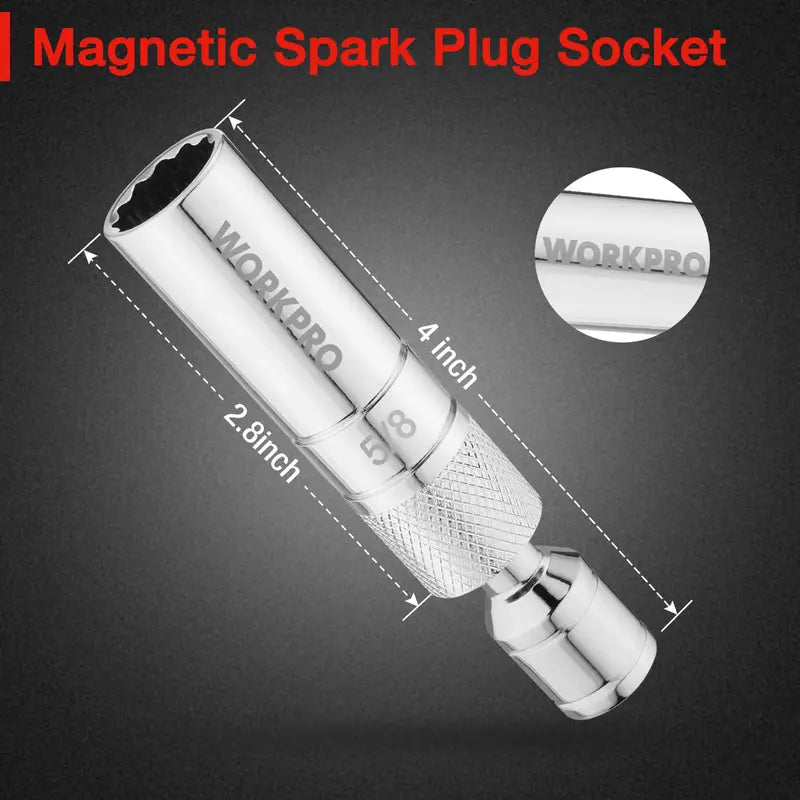 WORKPRO 5/8″ Thin-Wall Magnetic Spark Plug Socket – 3/8″ Drive, 4″ Reach