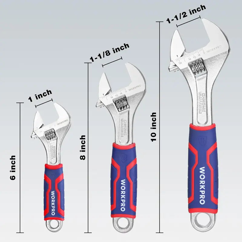 WORKPRO Triple-Size Adjustable Wrench Set — Chrome-Plated Cr-V with Anti-Slip Grip and Dual Metric/SAE Scales