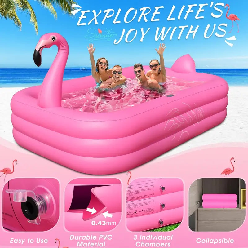 Solar-Powered Flamingo Inflatable Pool with LED Lights – Durable 105″ x 65″ x 25″ Outdoor Kiddie & Adult Pool
