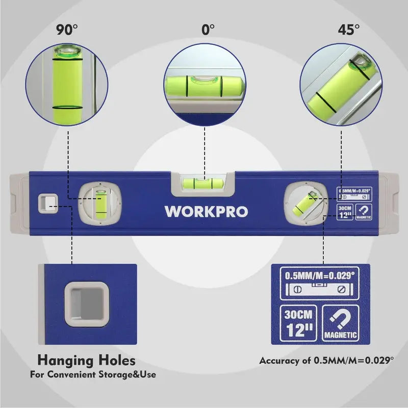 WORKPRO Triple-Length Spirit Level Set – 12″, 20″, and 40″ Aluminum Levels