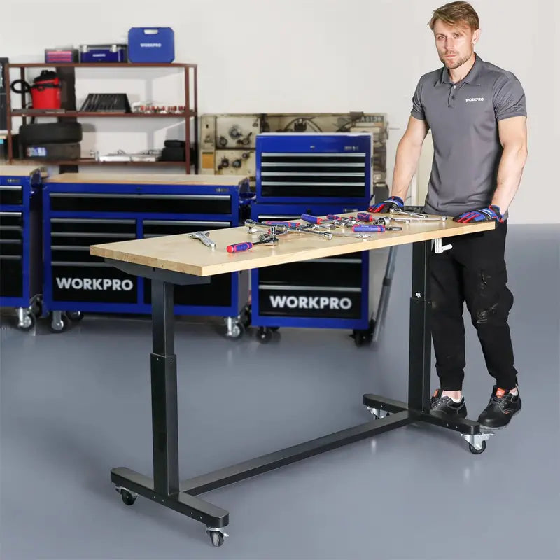 WORKPRO 60-Inch Crank-Adjustable Workbench – Industrial-Strength Table with Leveling Feet and 500-Lb Capacity