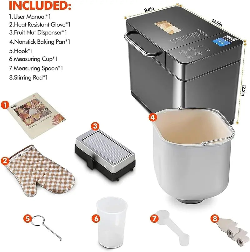 KBS 17-Function Stainless Steel Bread Maker with Dual Heating Elements