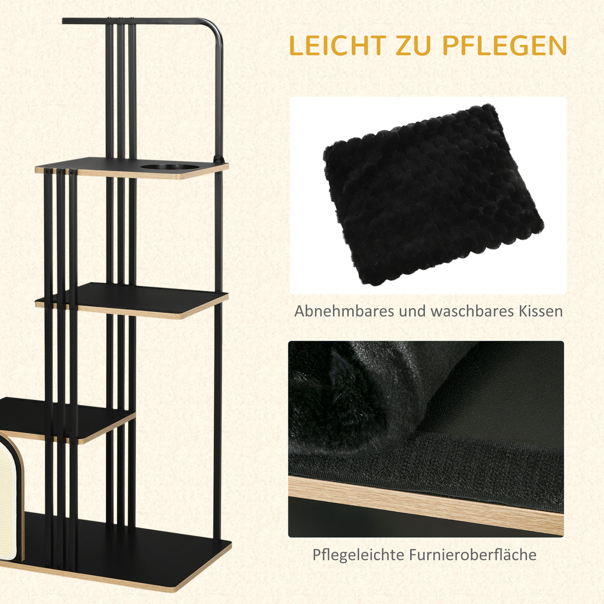 PawHut Kratzbaum, Industrial Design, 3 Plattformen, 2 Liegekissen, Kratzwand, Stahlrahmen, schwarz, 85 x 48 x 170 cm