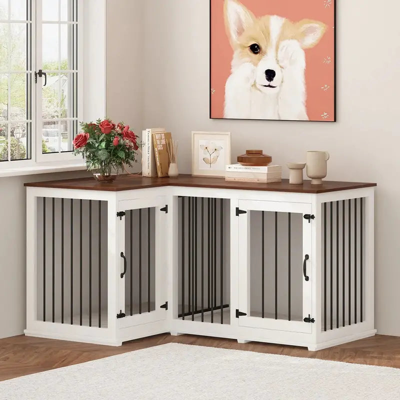 L-Shaped Corner Dog Crate Furniture – Dual-Dog Capacity, 58.7″ x 41.1″, Stylish Enclosed Design