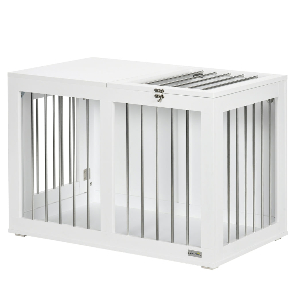 PawHut Hundekäfig mit 2 Türen, Hundebox, verriegelbar, Stahlgitter, 80 cm x 50 cm x 56,5 cm, Weiß + Silber