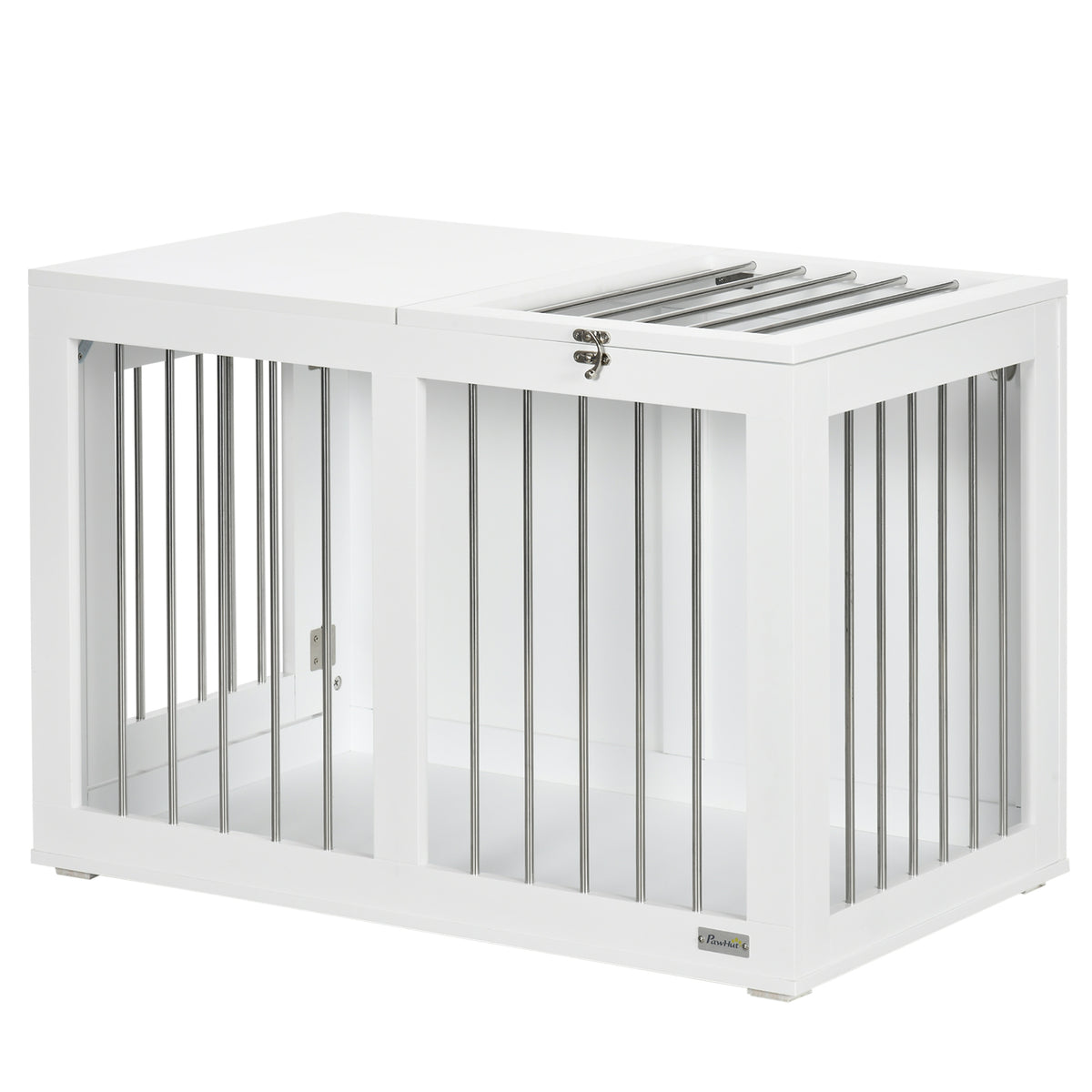 PawHut Hundekäfig mit 2 Türen, Hundebox, verriegelbar, Stahlgitter, 80 cm x 50 cm x 56,5 cm, Weiß + Silber