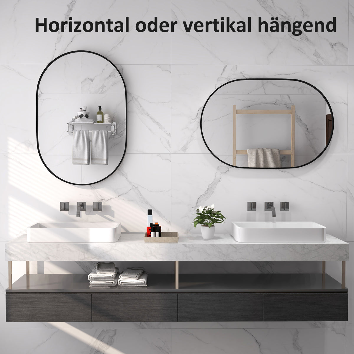 HOMCOM Badezimmerspiegel, ovale Form, horizontal/vertikal, 60L x 90B x 3H cm, Schwarz