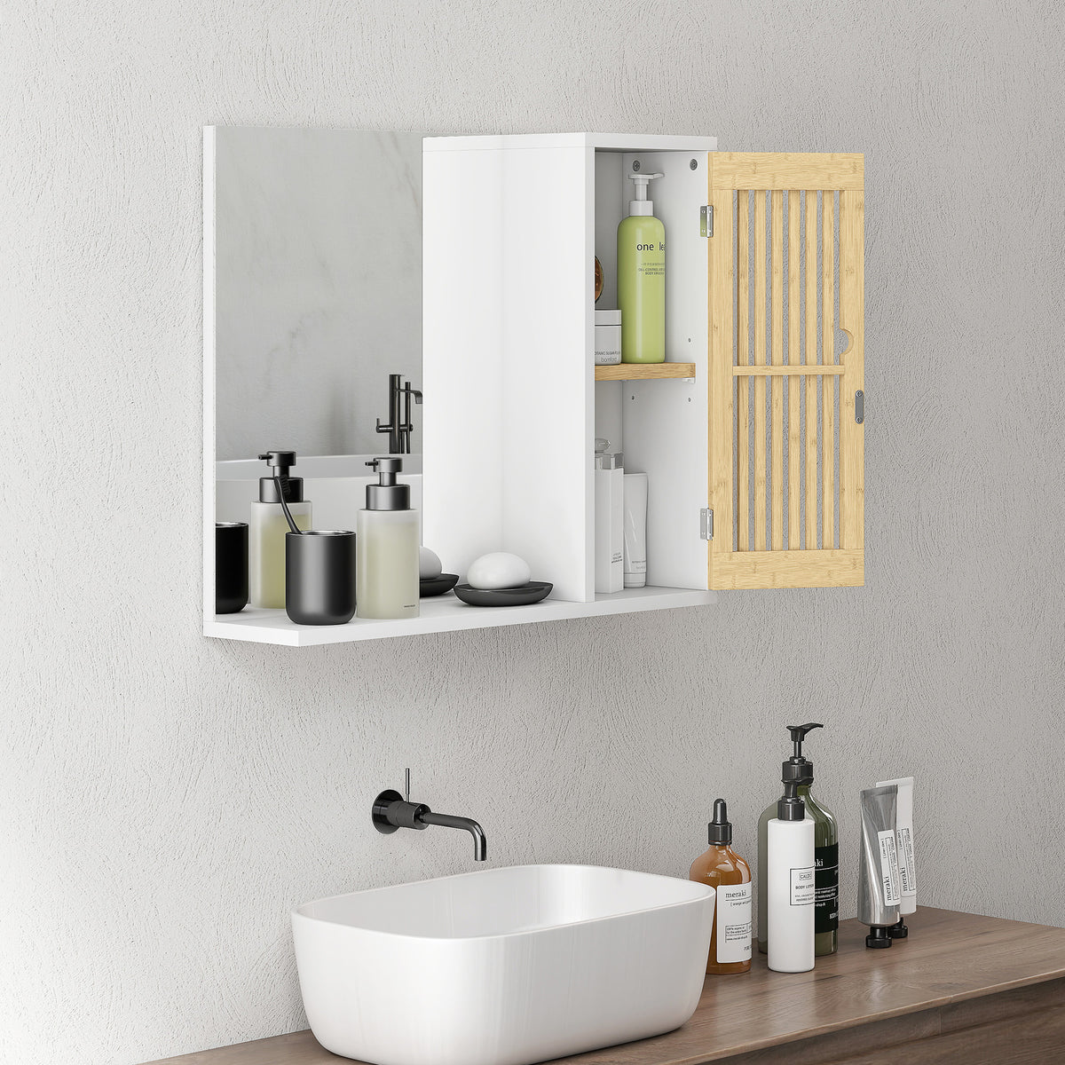 HOMCOM Badezimmerschrank mit Spiegel, Regal, Tür mit Bambuslatten und verstellbarem Regal, weiß