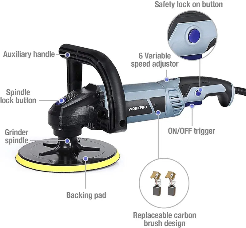 WORKPRO Detachable Buffer Polisher – Variable-Speed Tool with Complete Accessory Kit