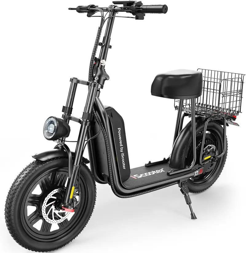 iScooter Foldable Electric Scooter with Seat – 37-Mile Range, Triple-Speed Modes (28/19/15.6 mph), Dual Suspension & Front Basket