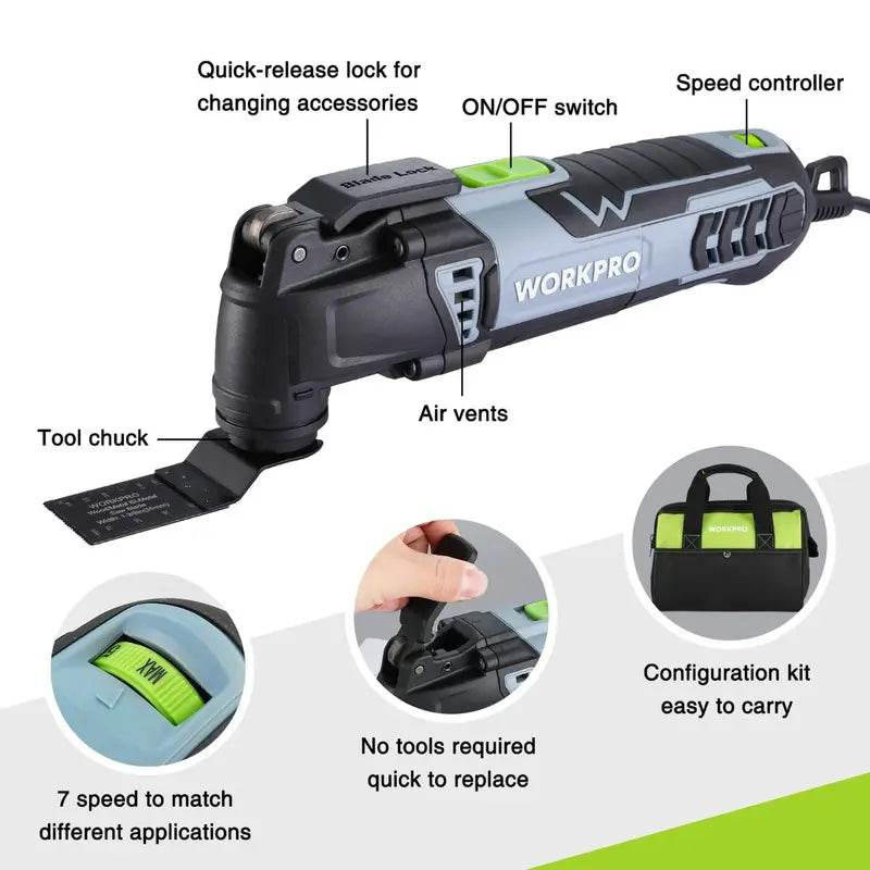 WORKPRO 3-Amp Oscillating Multi-Tool – Quick-Lock Design, 7 Speeds, 3° Oscillation, 17 Accessories + Carry Bag