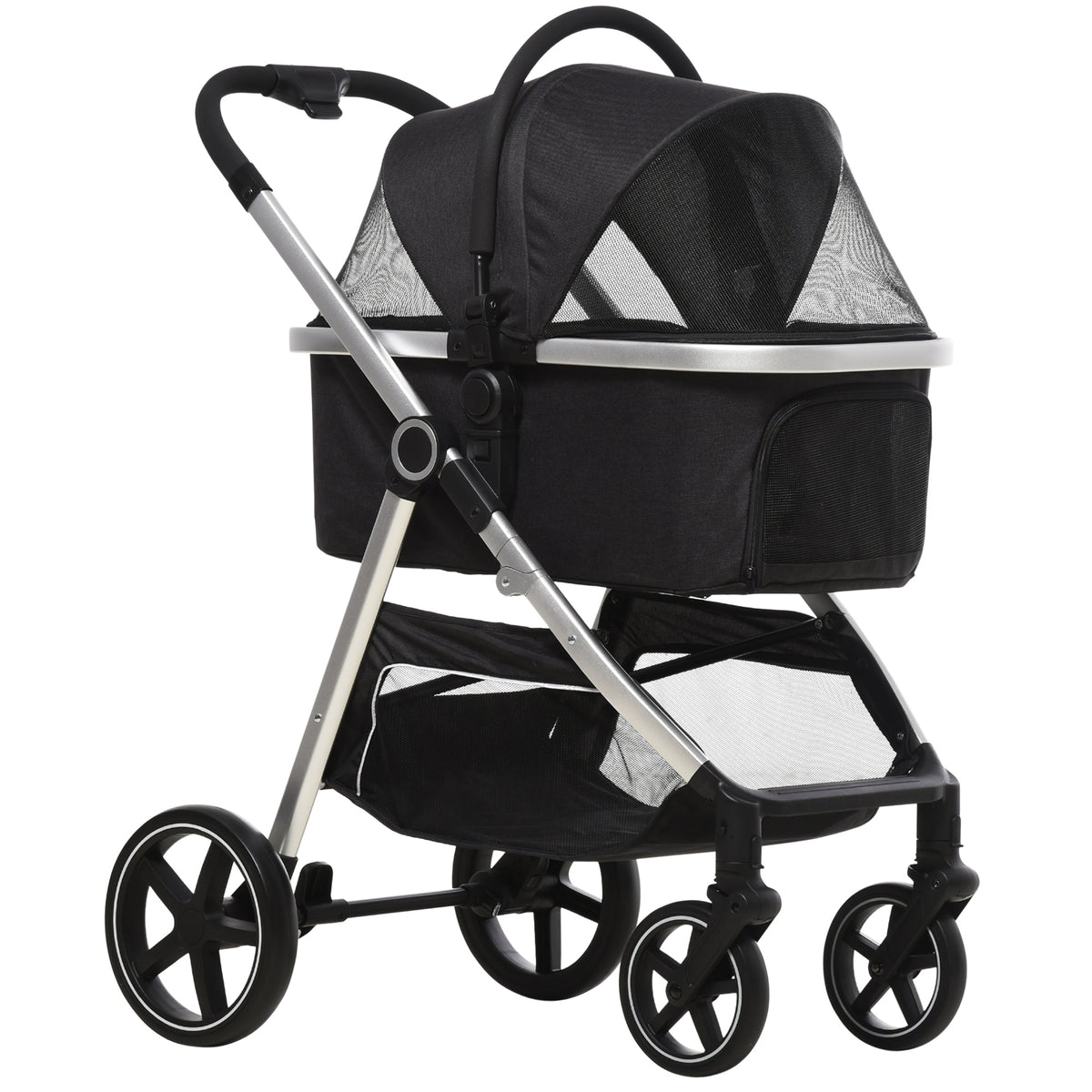 PawHut 2-IN-1 Hundebuggy Tragtasche bis 10kg Kissen klappbar 1 Aufbewahrungskorb 83 cm x 58 cm x 102 cm Schwarz