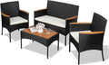 Shintenchi 4-Piece Wicker Patio Set – Outdoor Conversation Furniture with Wooden Table & White Cushions