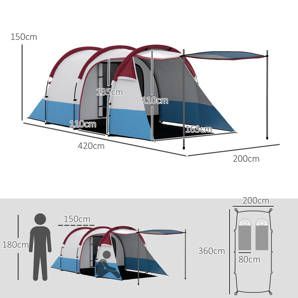 Outsunny Campingzelt, für 3 Personen, Laternenhaken, drei Eingänge, wasserdicht, Rot