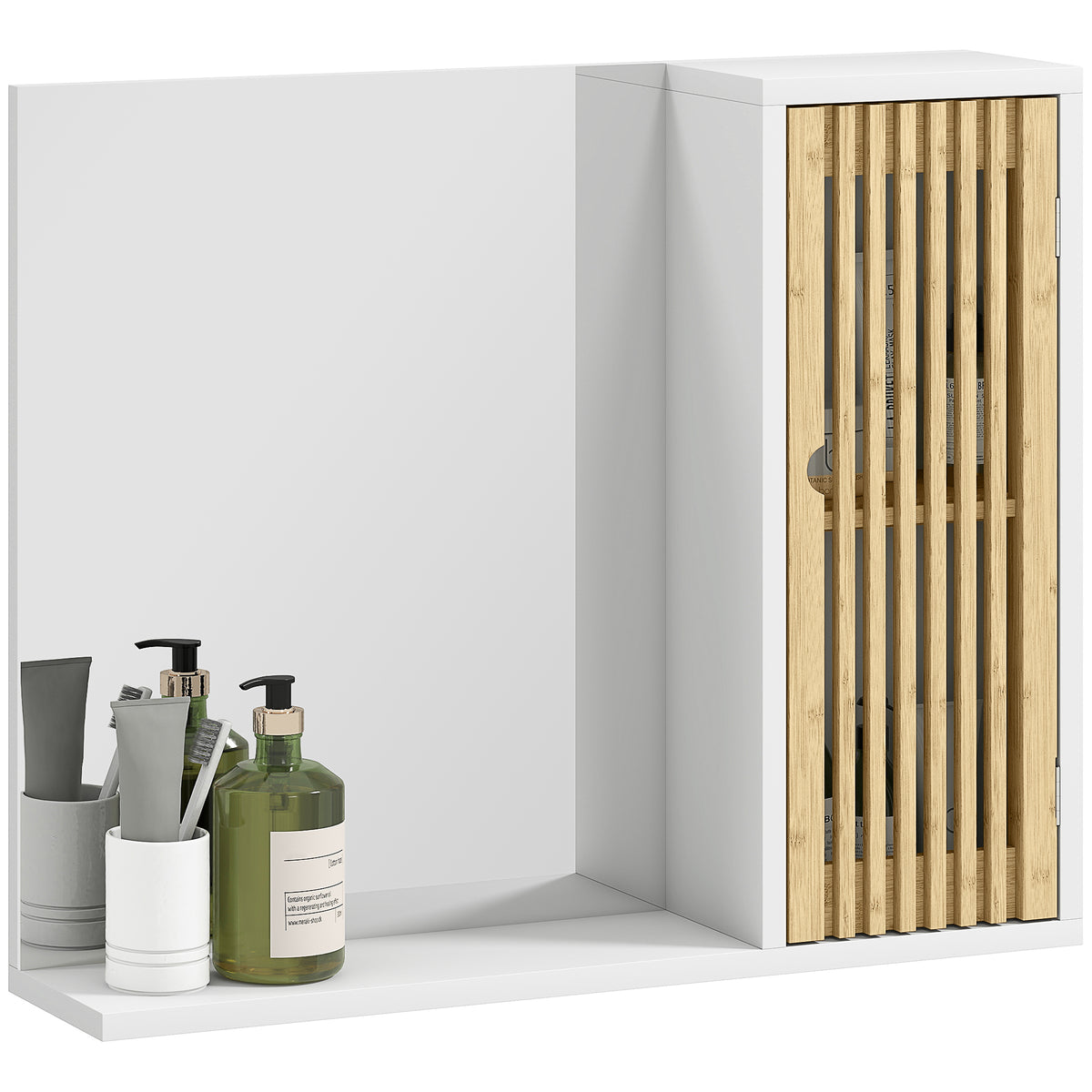 HOMCOM Badezimmerschrank mit Spiegel, Regal, Tür mit Bambuslatten und verstellbarem Regal, weiß