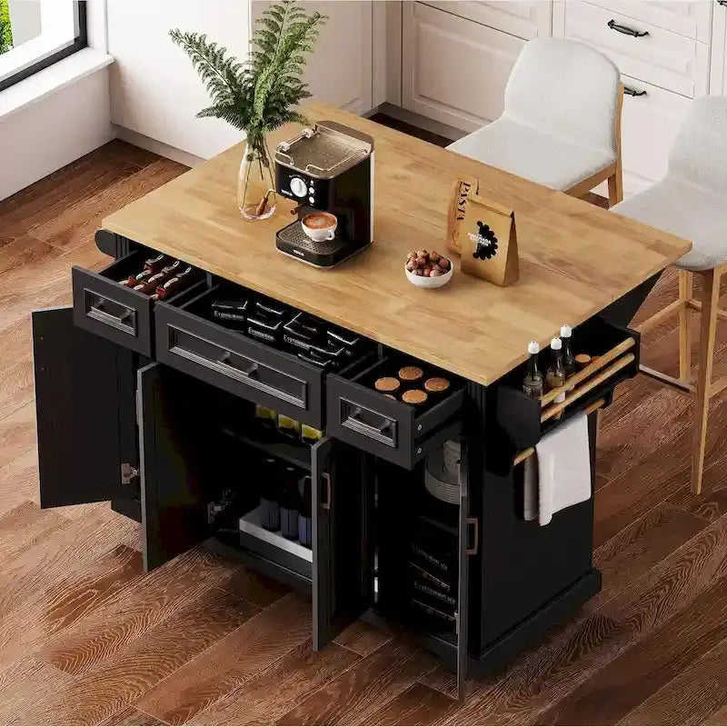 Rolling Kitchen Island Cart – 54″ Rubberwood Drop-Leaf Design with Doors & Drawers