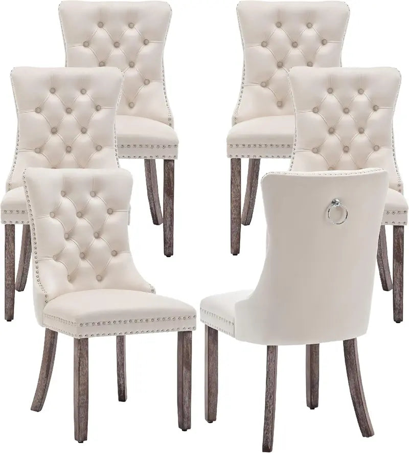Set of 6 Beige Velvet Dining Chairs with Ring Pull and Nailhead Accents – Tufted Luxury Seating for Dining Room, Living Room, or Kitchen