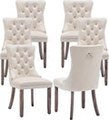 Set of 6 Beige Velvet Dining Chairs with Ring Pull and Nailhead Accents – Tufted Luxury Seating for Dining Room, Living Room, or Kitchen