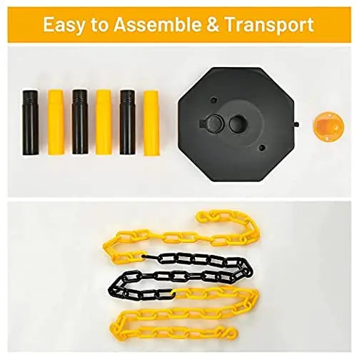 Six-Pack Traffic Delineator Posts with Octagonal Fillable Bases and 5-Foot Linked Chains (Black/Yellow)