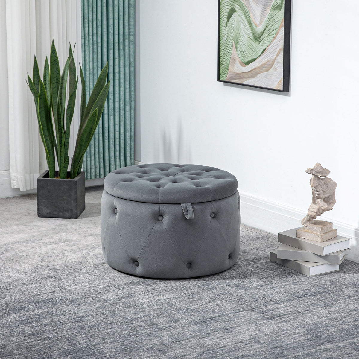 HOMCOM Hocker, rund, mit Staufach, Steppdesign mit Knöpfen, Bezug in Samtoptik, grau, 60 x 60 x 40cm