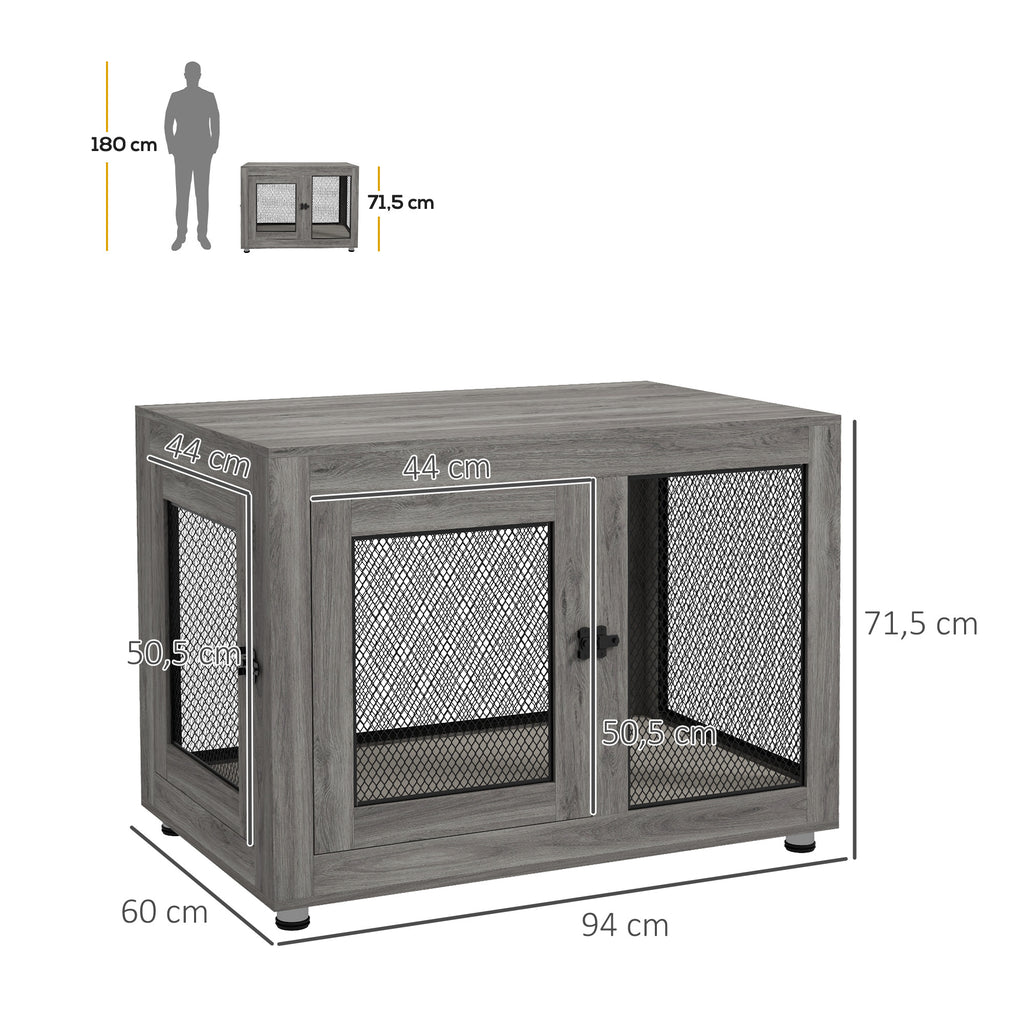 PawHut Hundebox, Welpenbox, mit Ablagefläche, wasserabweisendes Kissen, Stahlgitter, verstellbare Füße, 94x60x71,5 cm