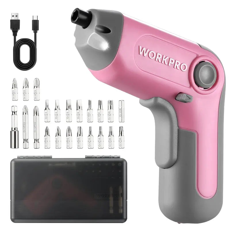 WORKPRO 3.6V Offset-Shaft Cordless Screwdriver – 22-Piece Bit Set in Pink Ribbon Packaging