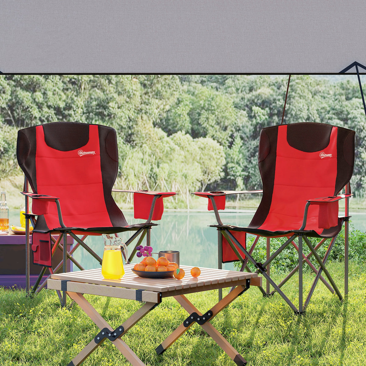 Outsunny Set 2 Campingstühle mit Kühltasche, Getränkehalter und 2 Taschen, 94x62x100 cm, Rot