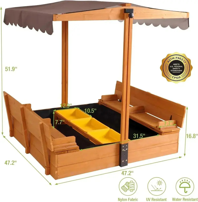 Kids' Wooden Outdoor Sandbox with Retractable Canopy – Includes Foldable Benches & Sand Liner