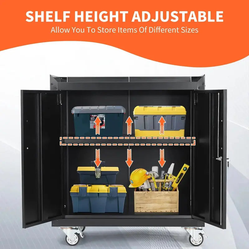 Rolling Metal Garage Storage Cabinet with Lockable Doors, Adjustable Shelves, and Tool Organization – 34″H x 30.3″L x 18″W