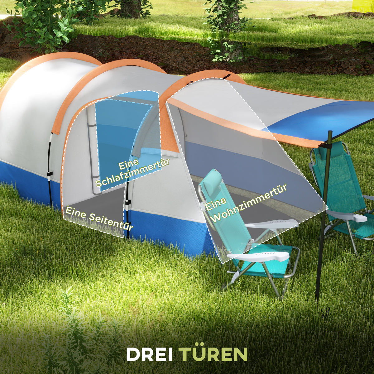 Outsunny Campingzelt, für 3 Personen, Laternenhaken, drei Eingänge, wasserdicht, Orange