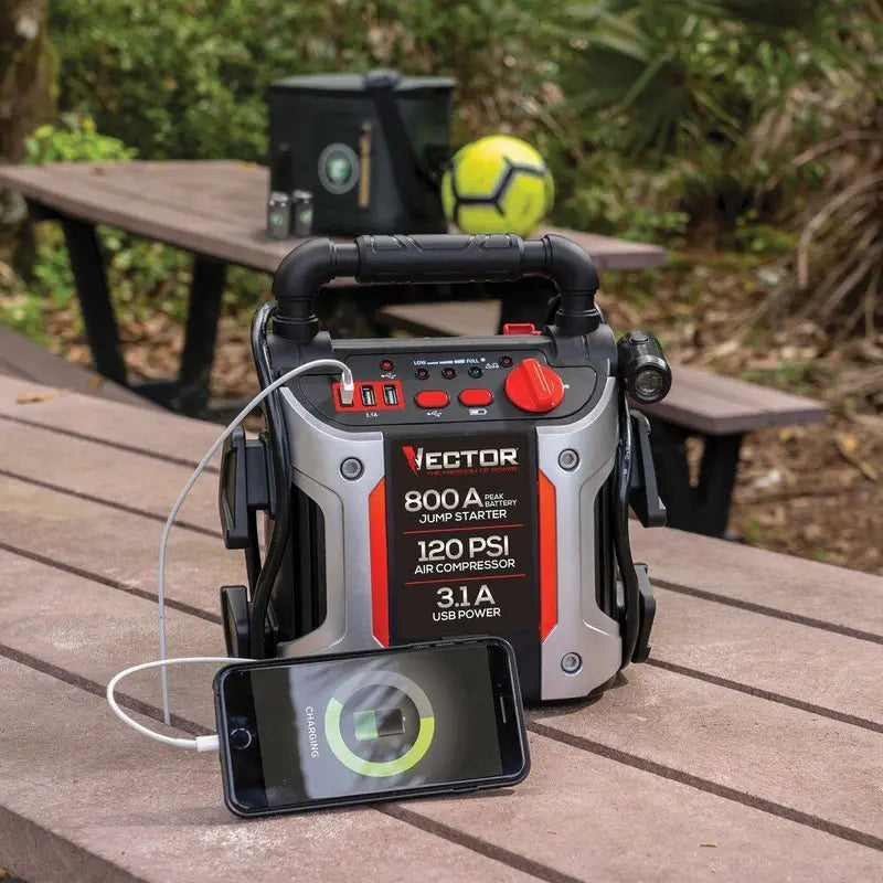 VECTOR Car Jump Starter 800A with 120 PSI Compressor & USB Ports