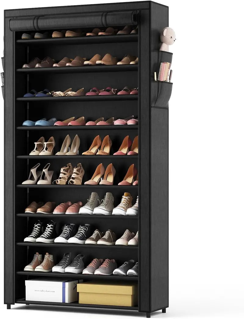 ROJASOP 10-Tier Covered Shoe Rack – Stackable Tall Storage Shelf with Dust Covers