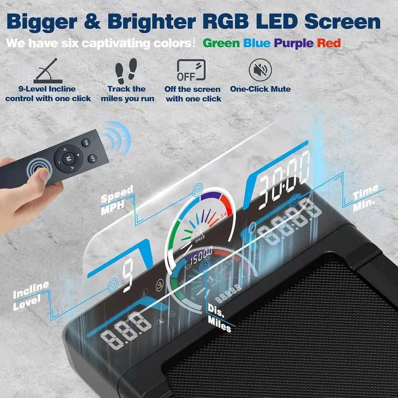 Smart Walking Pad Treadmill – 12% Auto-Incline, 450 lb Capacity, RGB LED Display & Bluetooth Speaker Integration