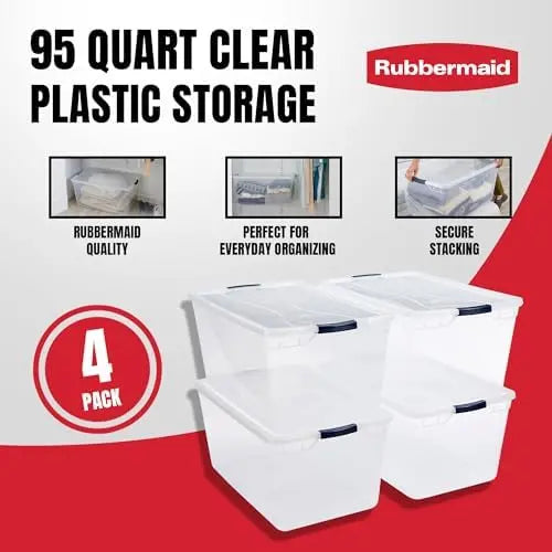 Rubbermaid CleverStore 95 Qt Clear Storage Bins – 4-Pack, Stackable, BPA-Free, See-Through Latching Lids, Made in USA
