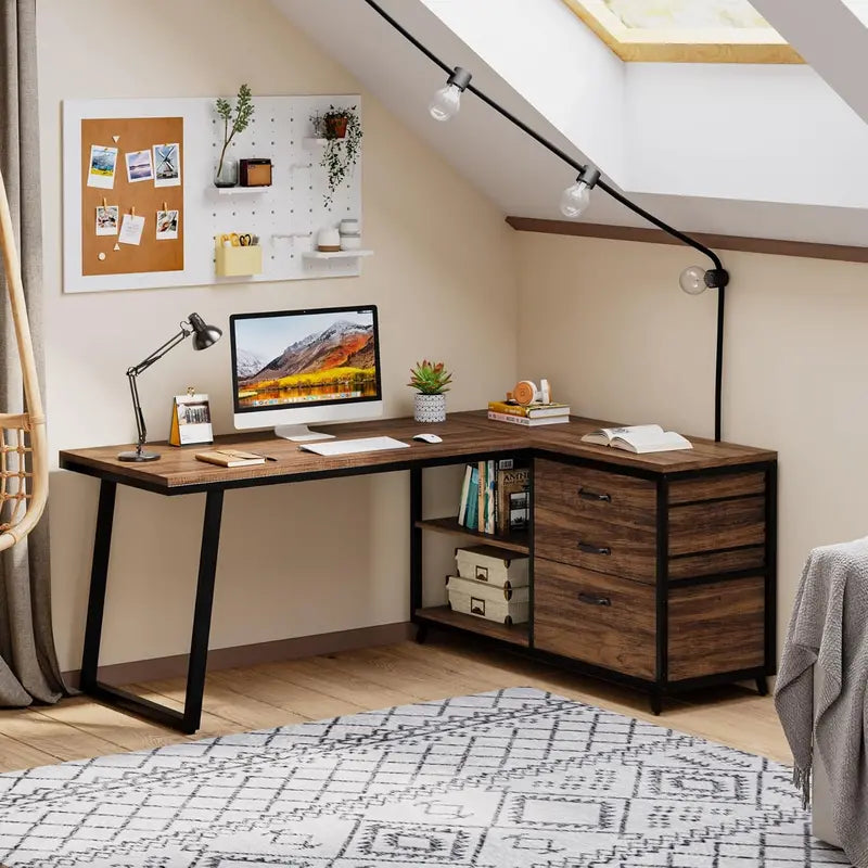 Reversible L-Shaped Computer Desk – Industrial-Style Corner Office Desk with 3 Drawers & Shelves, Rustic Brown Finish, 53″ Compact Workstation