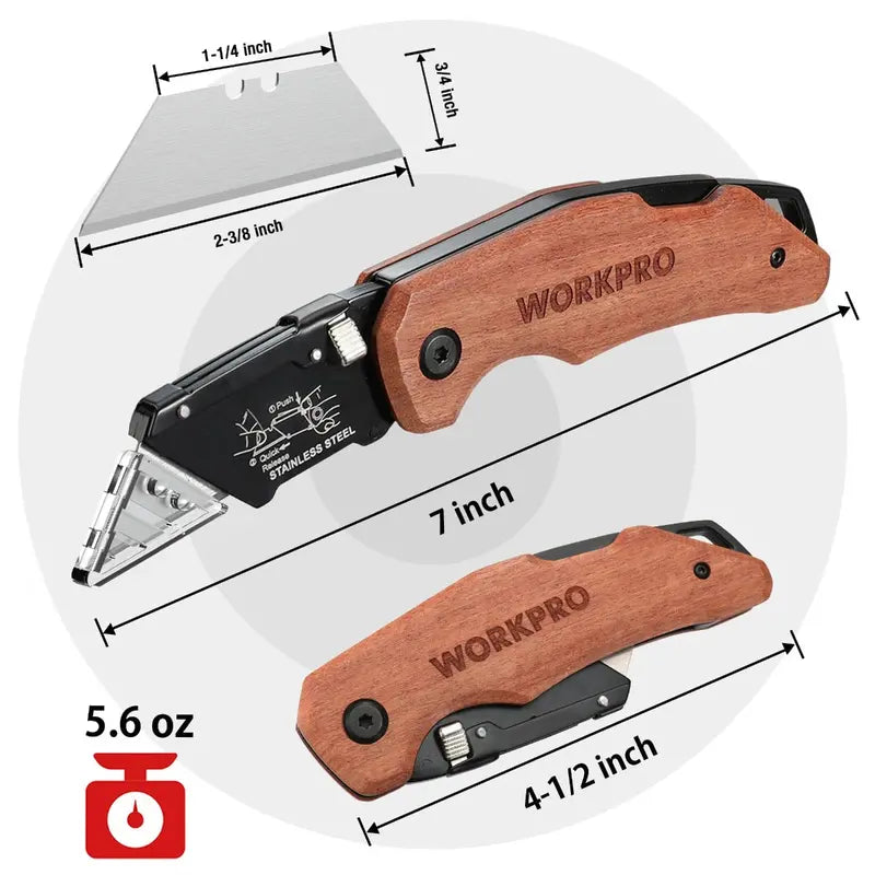 WORKPRO Heavy-Duty Folding Utility Knife – Wood Handle, Durable Blade Design