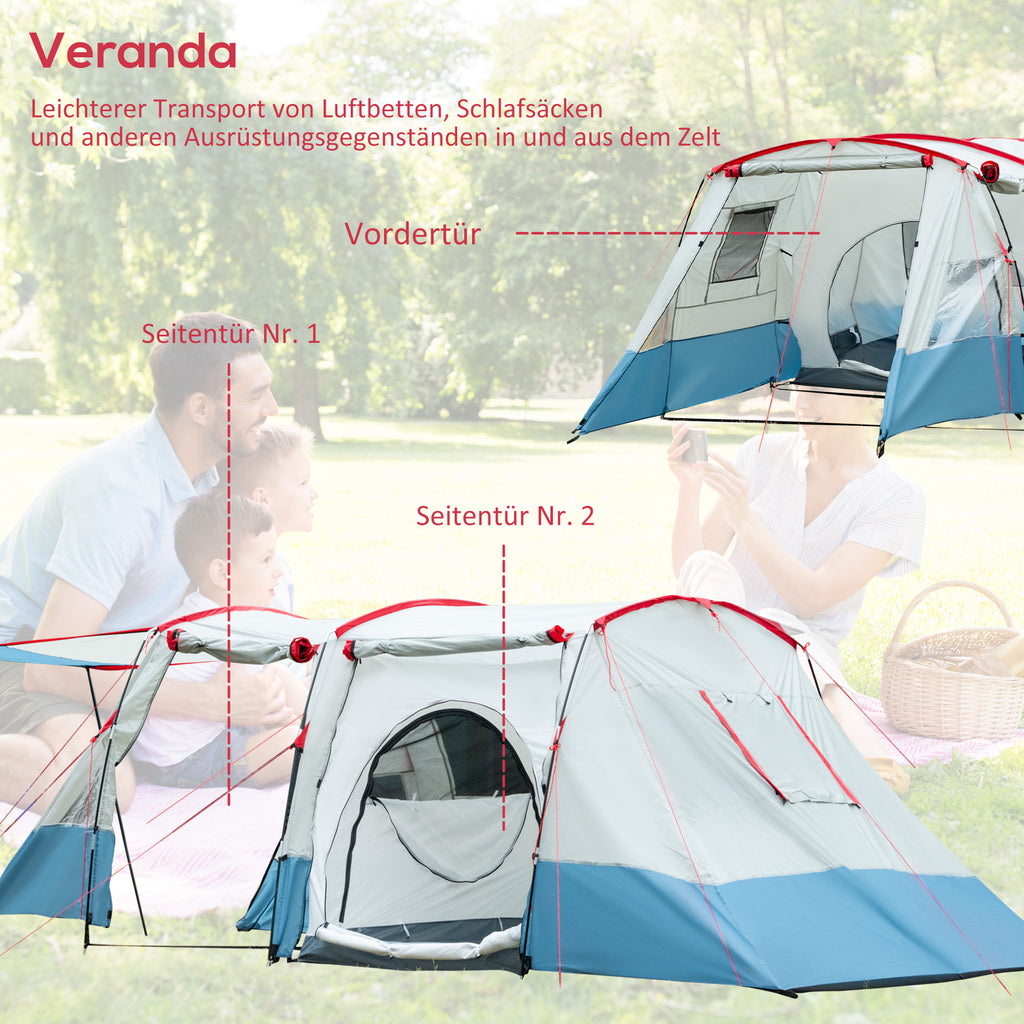 Outsunny Campingzelt, für 6-8 Personen, zwei Räume, Lampenhaken, mit Tragetasche, Blau, 5,10x2,40x1,80m
