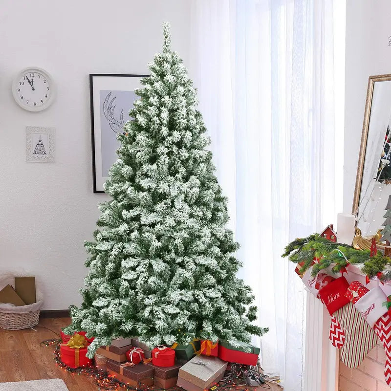 Snow-Flocked Hinged Pine Christmas Tree – Realistic Pre-Lit Artificial Holiday Tree