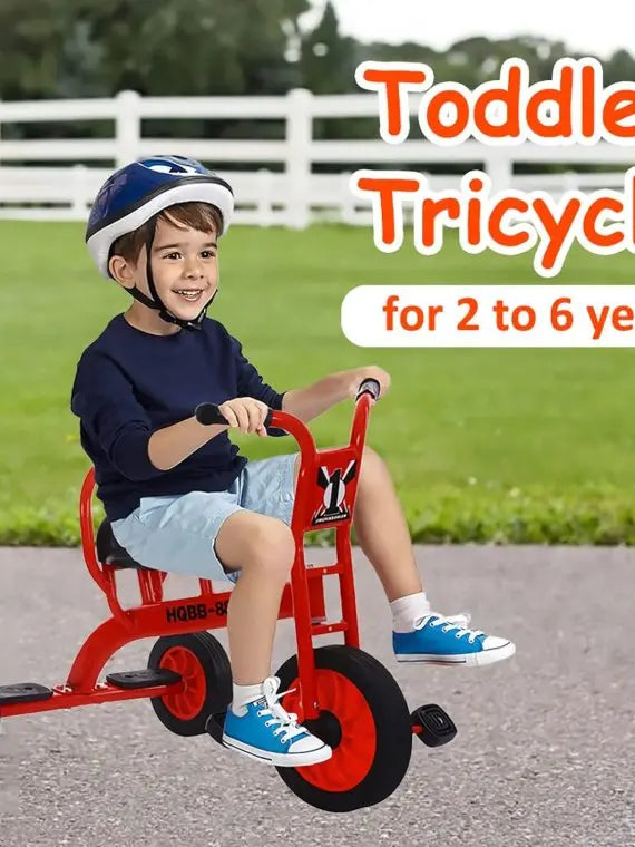 Yellow Kids Tandem Tricycle with Passenger Seat, Inflation-Free Rubber Wheels – Suitable for Ages 3+, Preschool & Daycare Playground Use