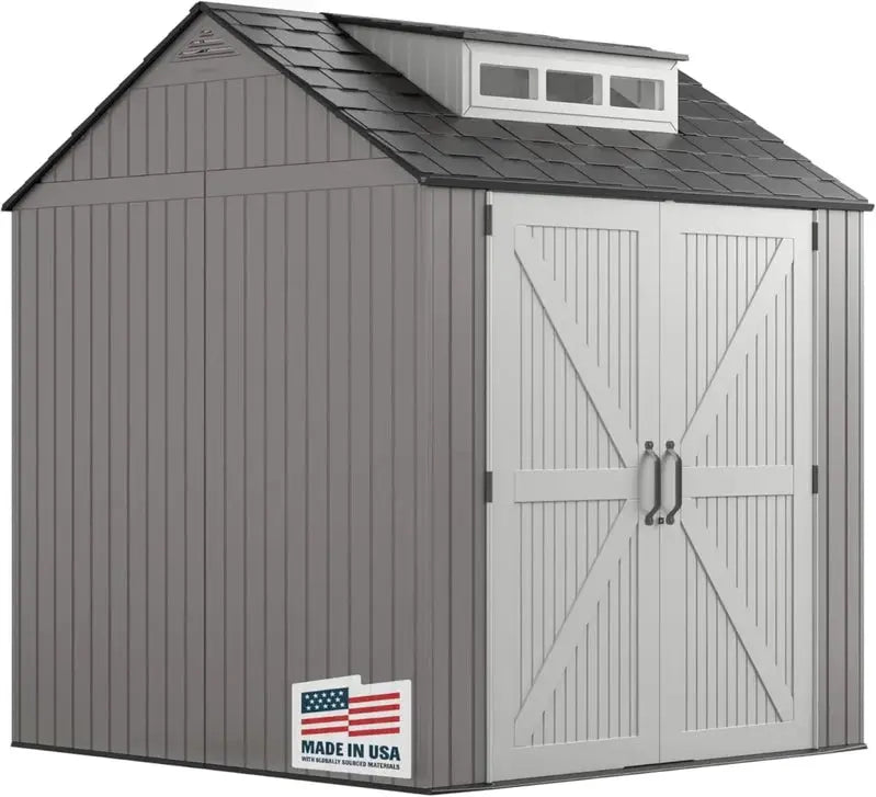 Rubbermaid Resin Garden Shed with Floor – 2.13 m × 2.13 m, Weather-Resistant Grey Storage Unit for Tools & Equipment