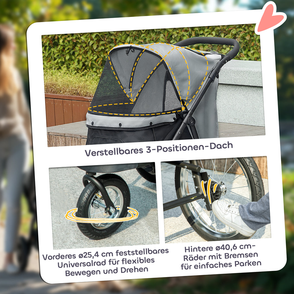 PawHut Hundebuggy, Haustierwagen für kleine Hunde und Katzen, mit Aufbewahrungskorb, Ein-Klick-Faltdesign, Grau