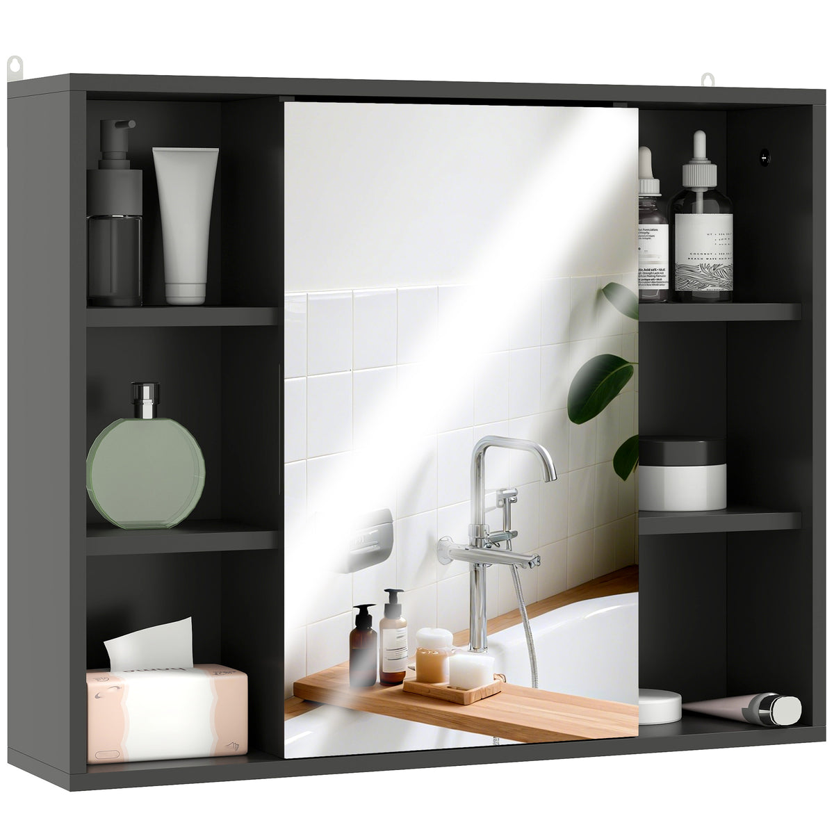 HOMCOM Badezimmerschrank mit Spiegel, Schrank mit Türen und 6 offenen Fächern, 60 x 14,5 x 49,4 cm, Schwarz