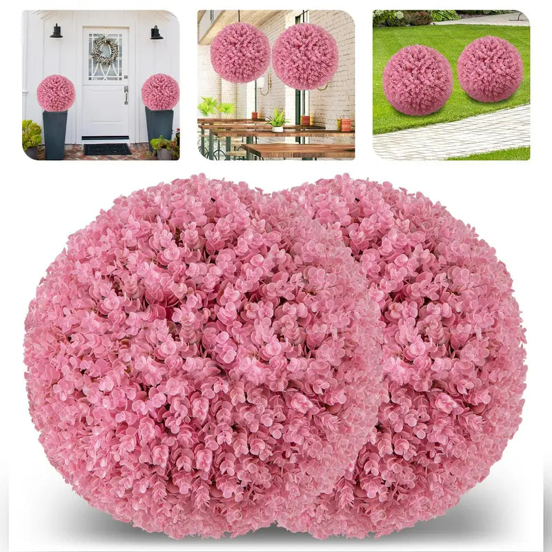 Set of Two 17.5-Inch Outdoor Artificial Topiary Balls – Pink Eucalyptus Faux Greenery