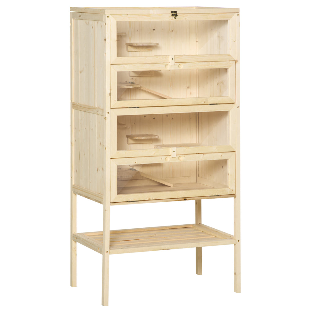 PawHut Hamsterkäfig aus Holz 5 Etagen Nagarium Nagerkäfig Kleintierkäfig mit Gitterdach Rampen, Holzkäfig Mäusekäfig groß Käfig für Hamster Zwerghamster 60 x 40 x 120 cm Naturholz