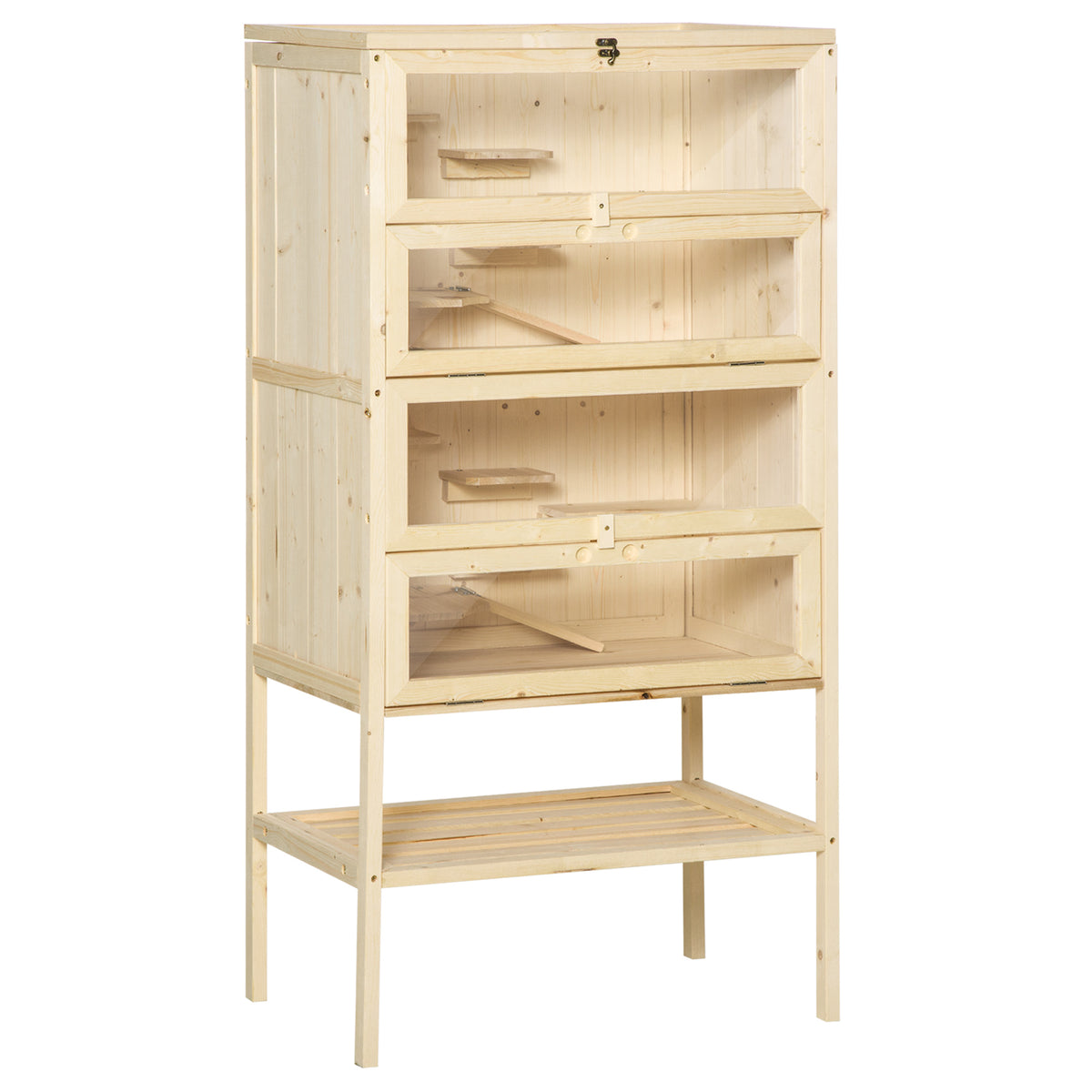 PawHut Hamsterkäfig aus Holz 5 Etagen Nagarium Nagerkäfig Kleintierkäfig mit Gitterdach Rampen, Holzkäfig Mäusekäfig groß Käfig für Hamster Zwerghamster 60 x 40 x 120 cm Naturholz
