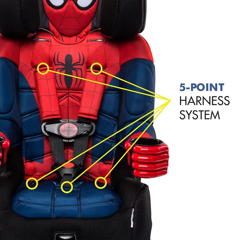 KidsEmbrace Marvel Spider-Man 2-in-1 Booster Car Seat, 5-Point LATCH Harness, 22-100 lbs, Adjustable Headrest, Cup Holders