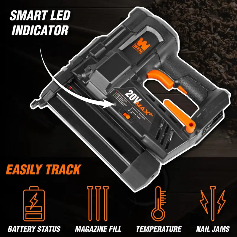 WEN 20V Max Cordless 18-Gauge Brad Nailer with 2.0Ah Battery & Charger, Dual LED Lights, 100 Nail Capacity