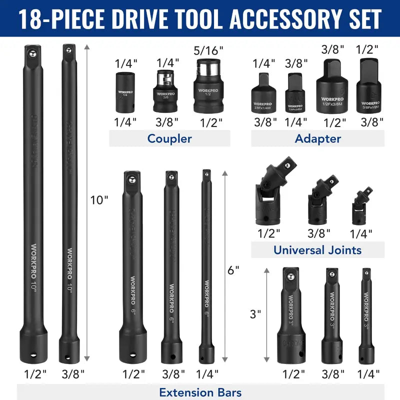 WORKPRO 18-Piece Drive Tool Accessory Collection – Universal Bits, Adapters & Extensions